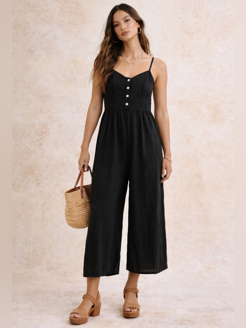 Madewell Black Cami Wide Leg Jumpsuit Size 4 Boho Western preppy linen - Picture 4 of 9